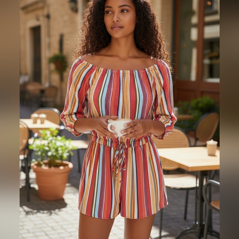 ToxiK3 Multi-colored Striped Off-Shoulder Romper Size S